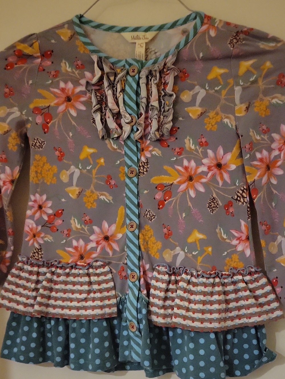 Matilda Jane Gray Floral Ruffle Button Top with Pink & Yellow Accents